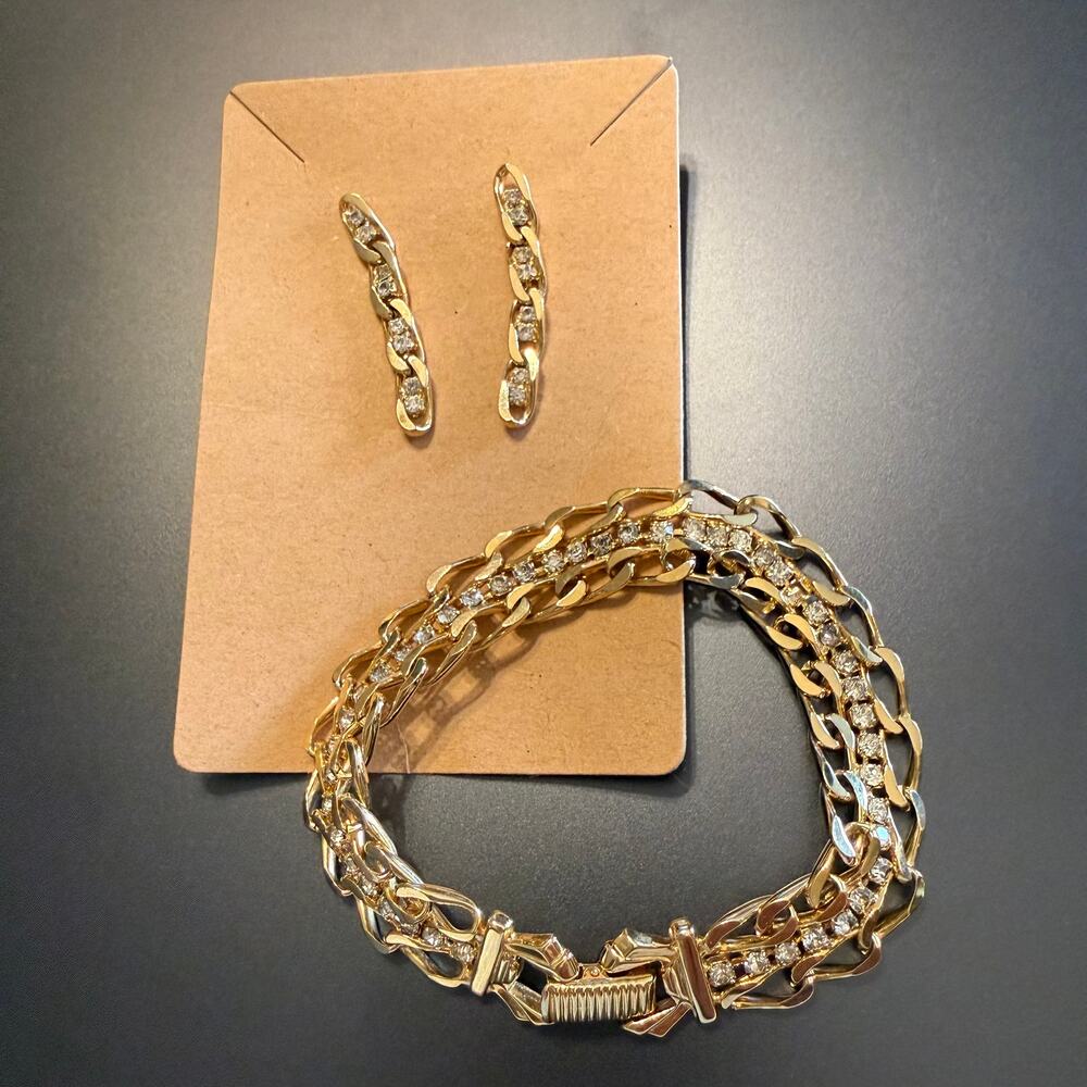 Vintage Gold Tone Chain Rhinestone Bracelet & Earrings